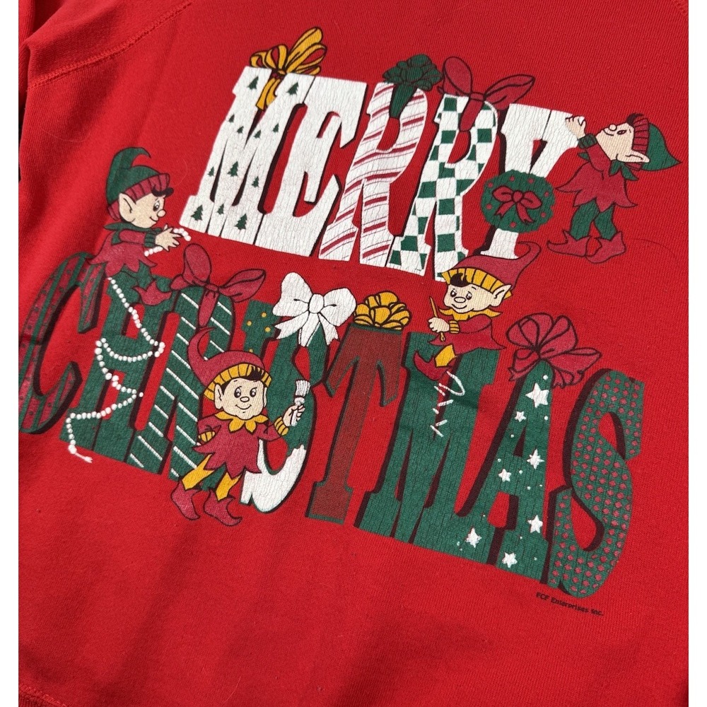 Vintage Merry Christmas Pullover Crew Neck Sweatshirt Elves Holiday Ugly Sweater